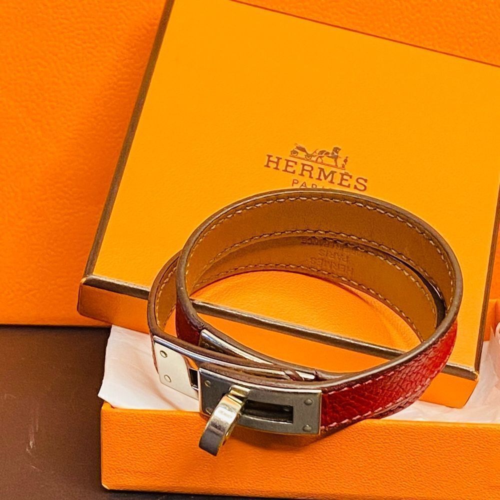 🛍️Hermes Authentic Red Leather Kelly Double Tour Bracelet with Silver Hardware - Picture 6 of 15